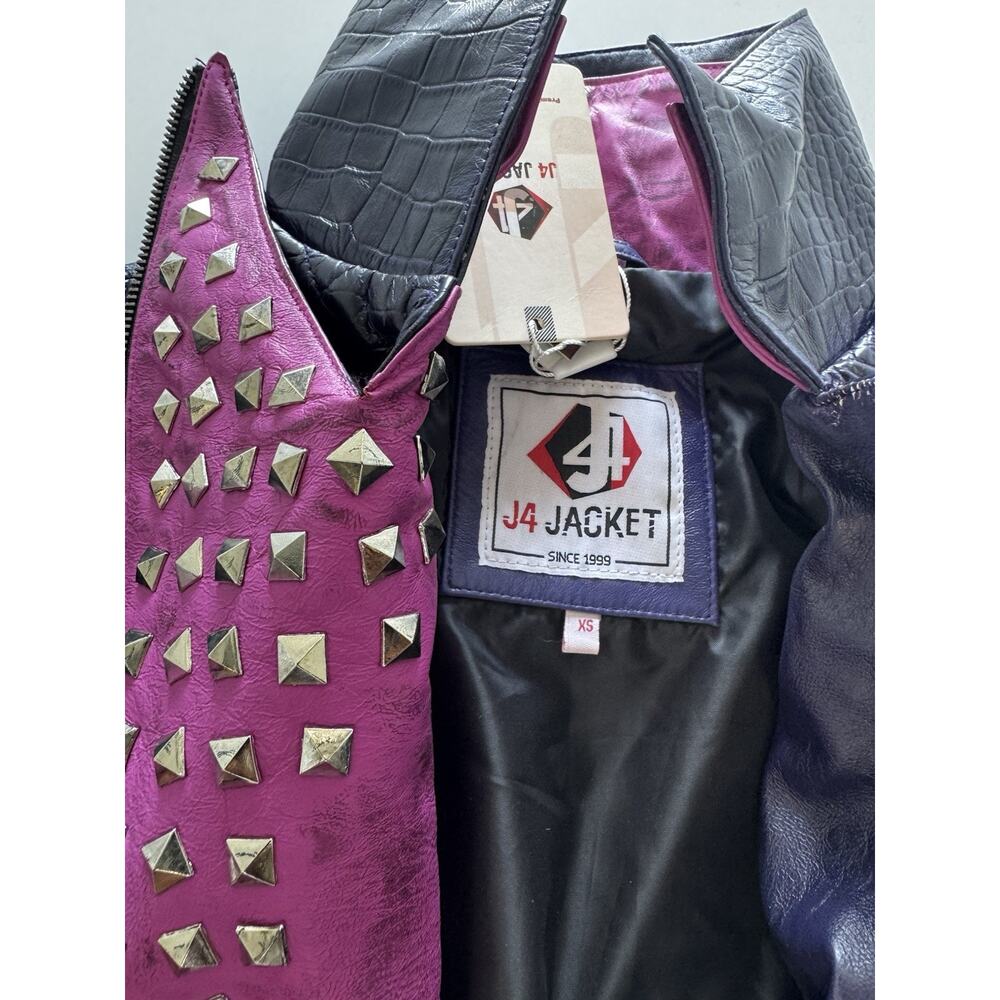 J4 Mal Descendants Dove Cameron Purple Studded Leather Jacket Size M - Picture 7 of 9